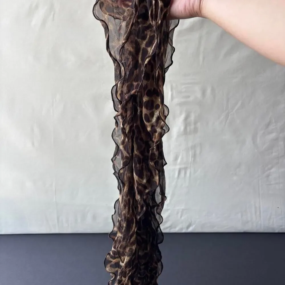 Vintage 100% Silk Sheer Leopard Print Ruffle Scarf